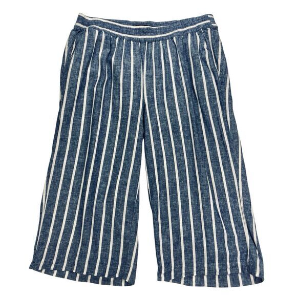 Ashley Stewart Wide Leg Capri Pants Blue Linen Baggy Nautical Beach Lagen Look - Picture 1 of 13